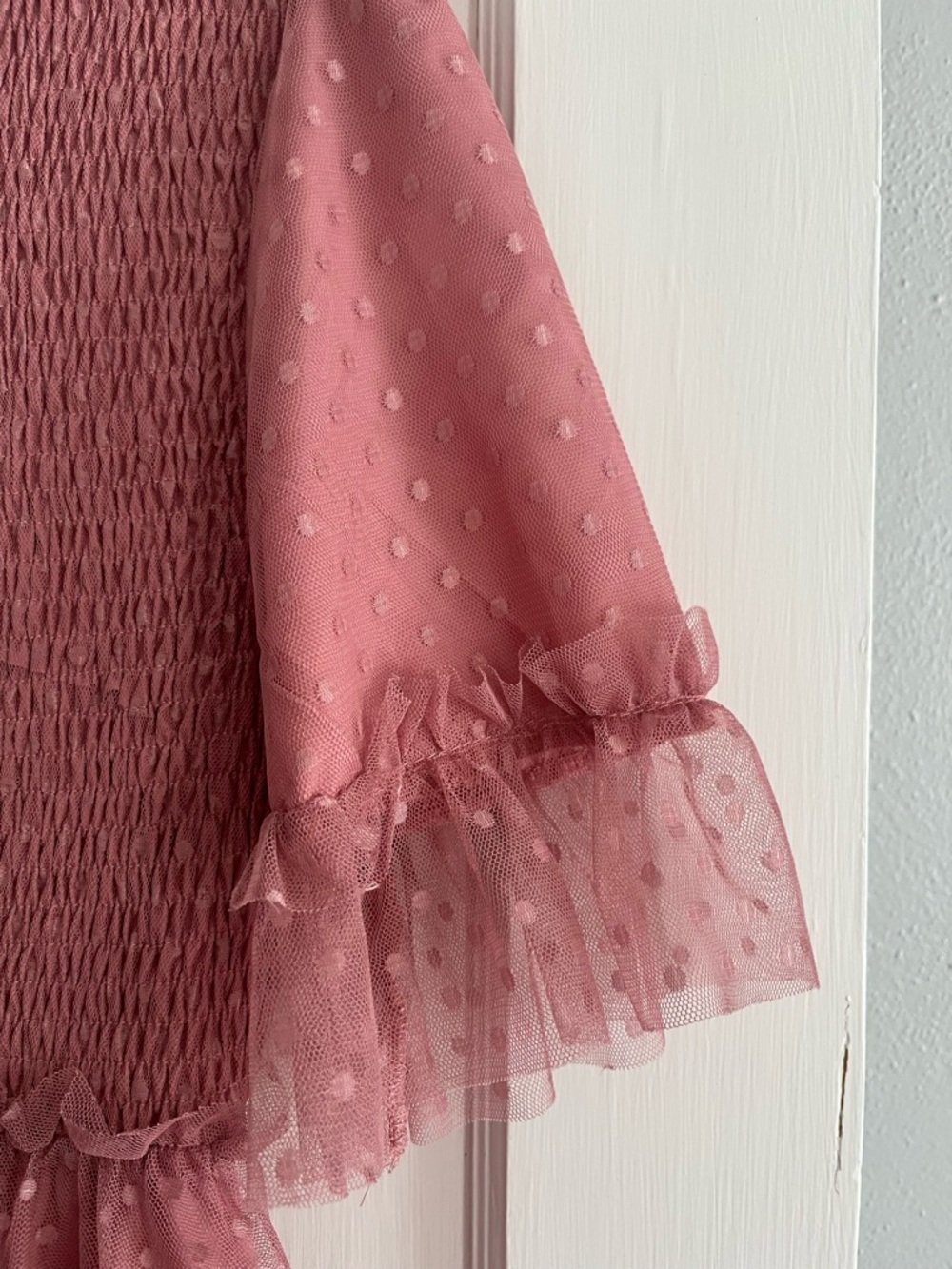 Smocked Pink Polka Dot Midi Dress with Ruffle Tiers - Picture 5 of 6